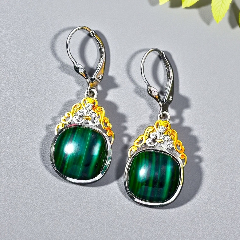 🔥18K Vermeil and Rhodium Over Sterling Silver Malachite 17.50 ctw Earrings